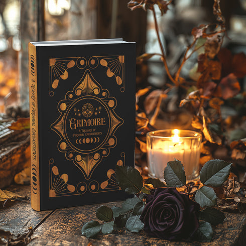 Luxurious black Grimoire with golden celestial patterns. Front reads "GRIMOIRE: A Treasury of Personal Enchantments". Back features mystical poem